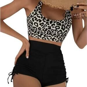 CharmLeaks Drawstring Shorts Leopard Crop Bikini Swimsuit Size M